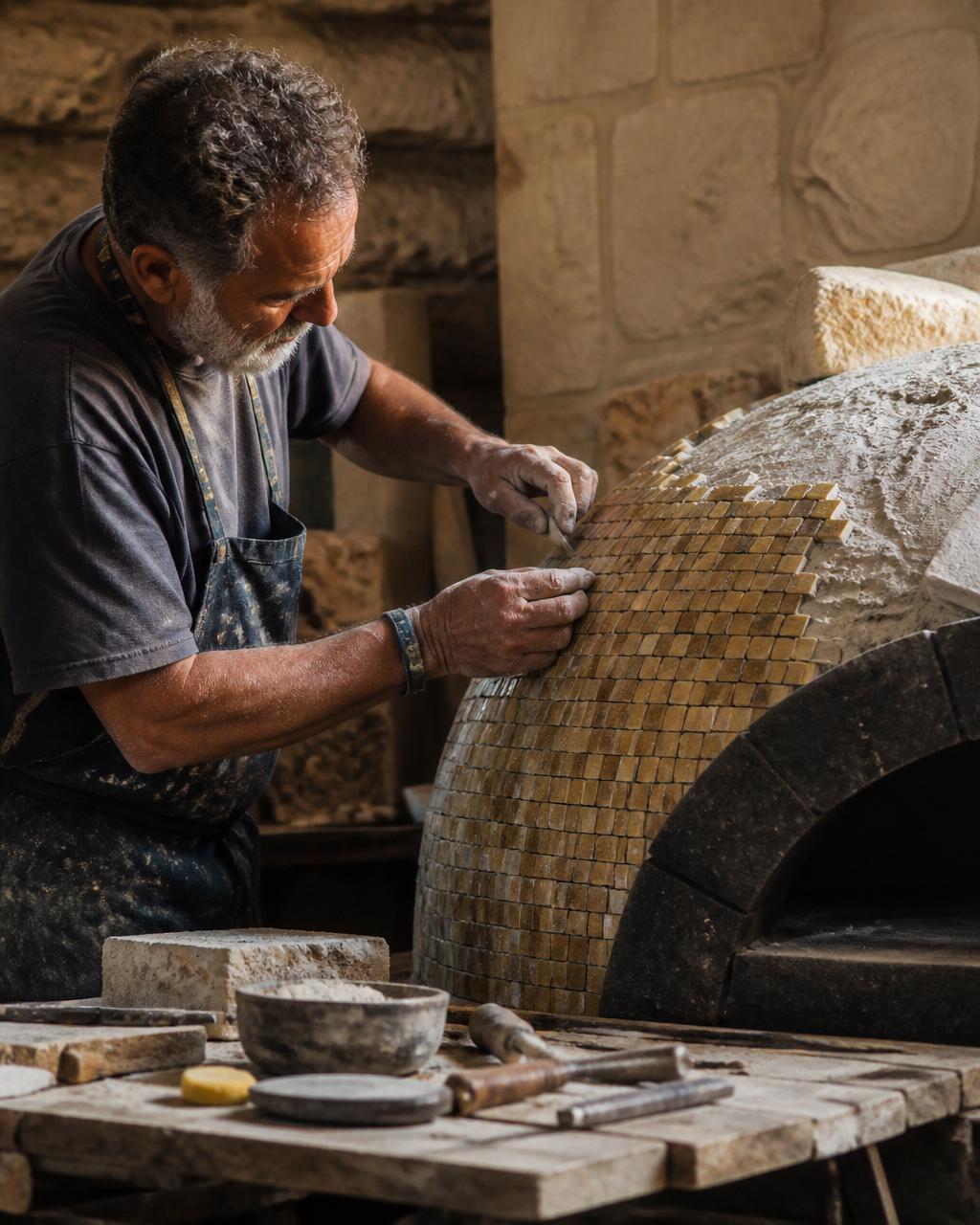 Mains d'artisan sicilien travaillant la pierre