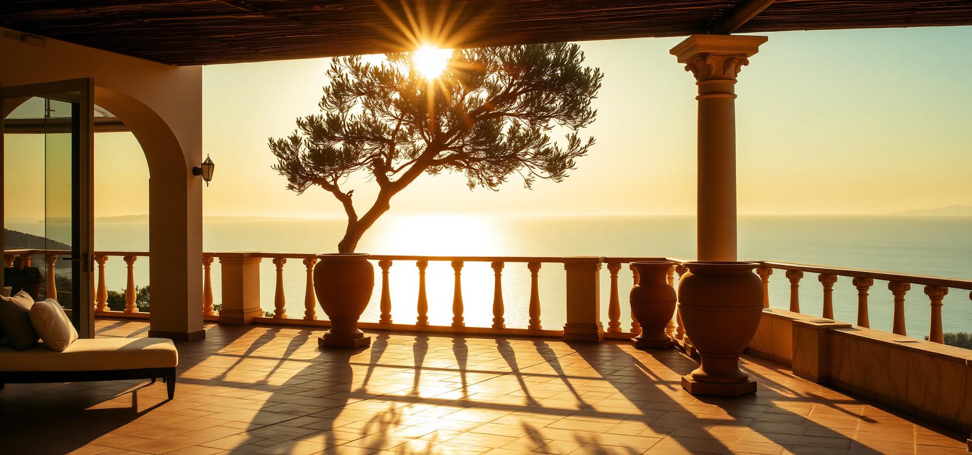 Terrasse sicilienne au coucher du soleil avec four à pizza en pierre